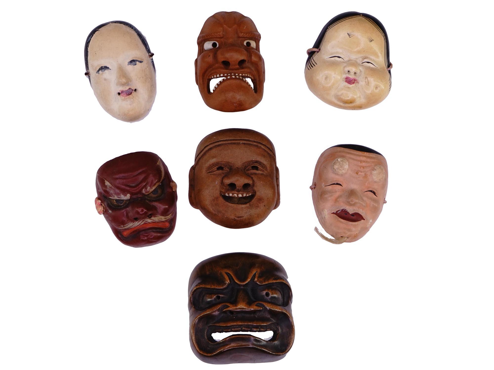 ANTIQUE JAPANESE NETSUKE WOOD CERAMIC NOH MASKS PIC-0